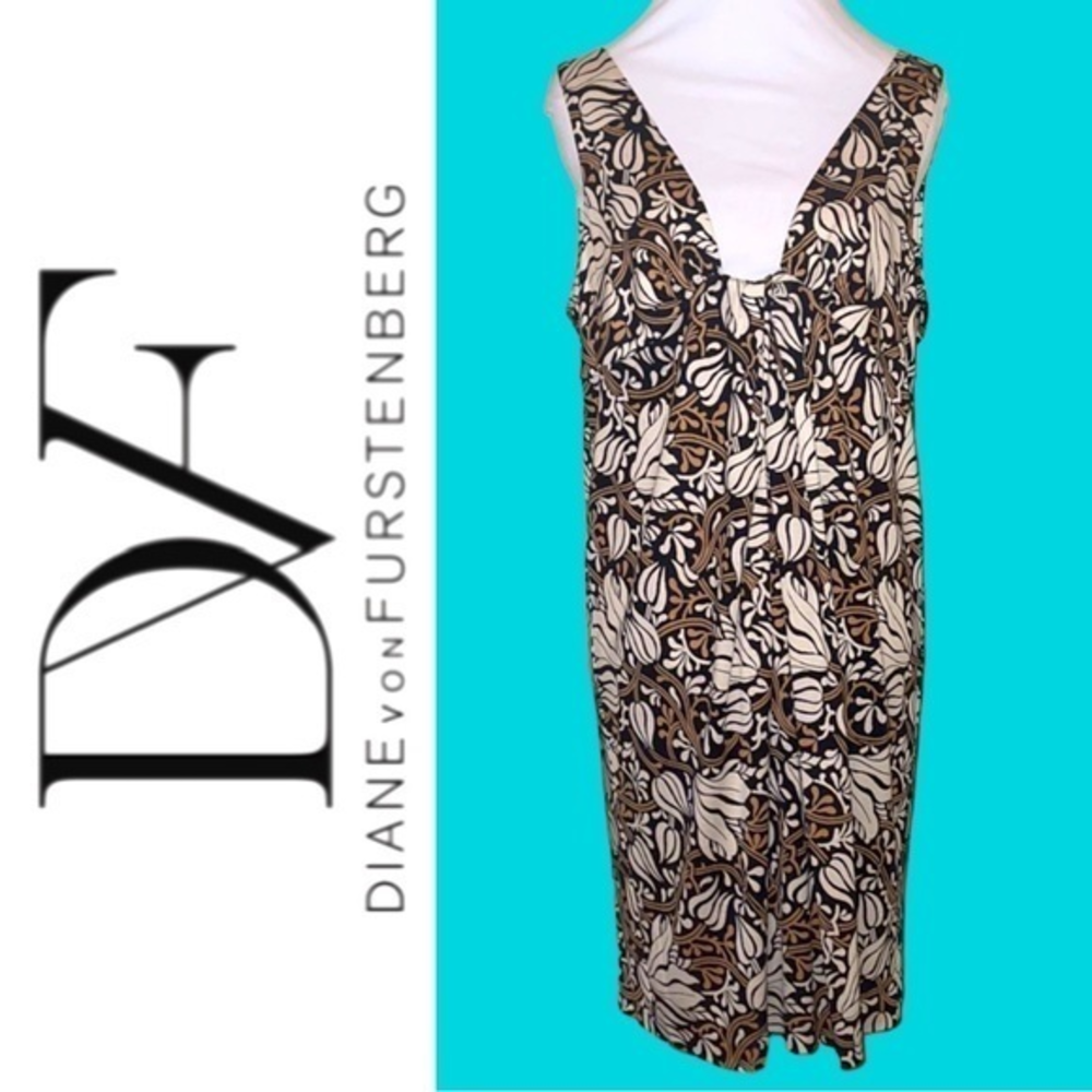 DIANE von FURSTENBERG Floral Cream Black V-Neck Dress Size 12